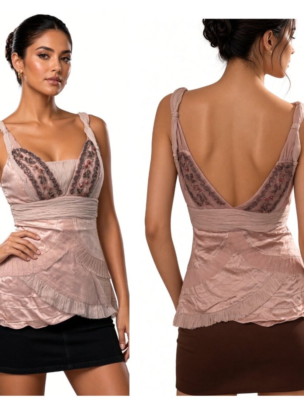 Sue Wong Silk Chiffon Y2K Camisole Pink Rose Beade Lace Top babydoll Deco New 17